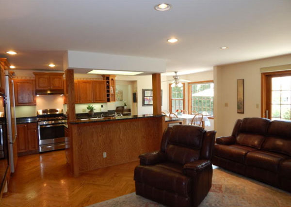 A large kitchen and living room